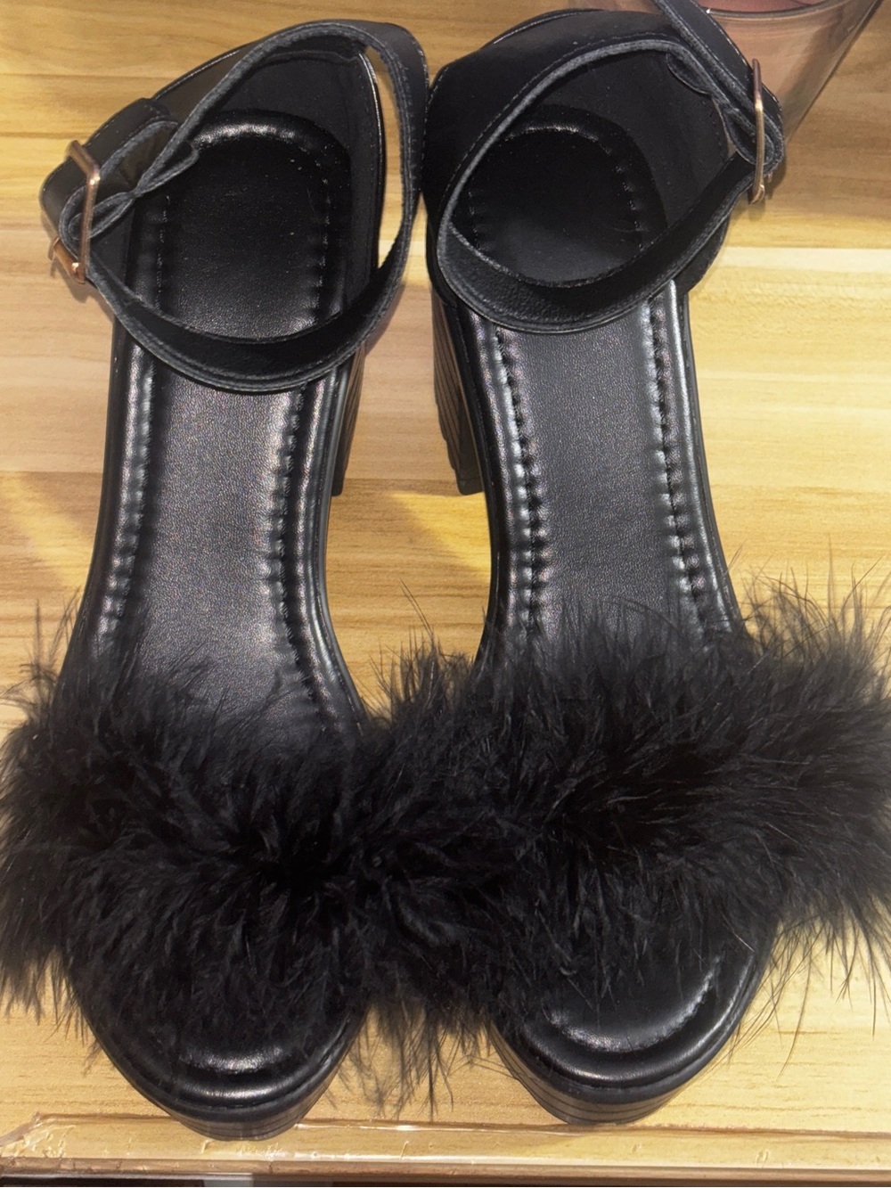 Black Feather Strap Block Heel Sandals - Women